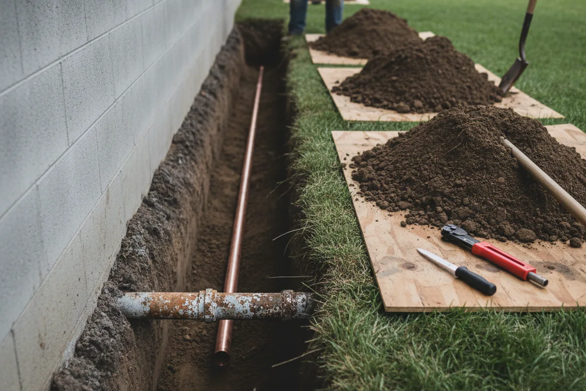 Excavated water line trench during Water Heater Repair in Oregon